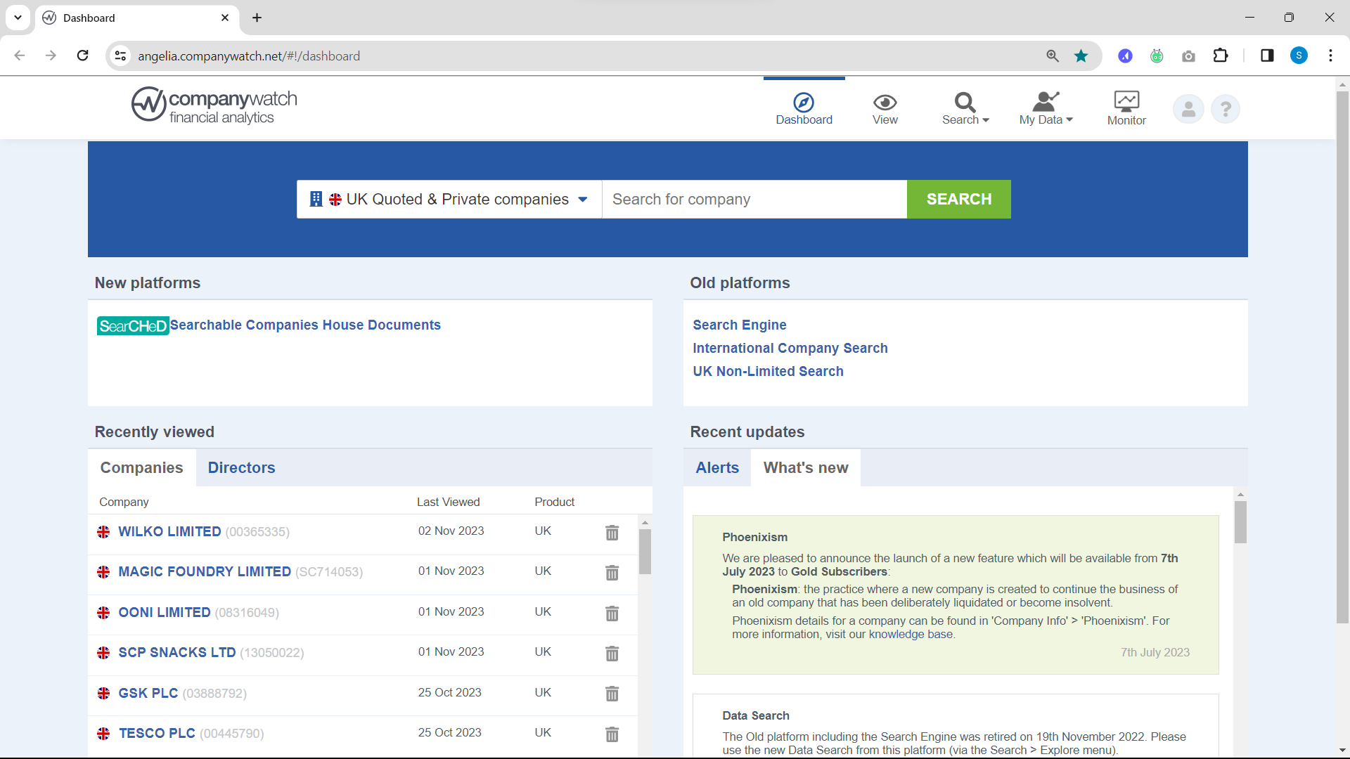 screenshot of Company Watch